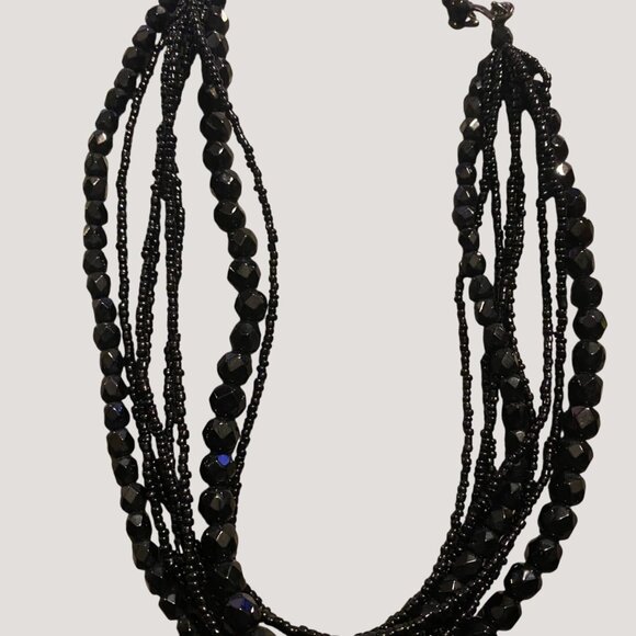 Necklace Glass 8 Multi Strand Size Black Seed Beaded Faceted Larger Hoop Clasp - Picture 3 of 7